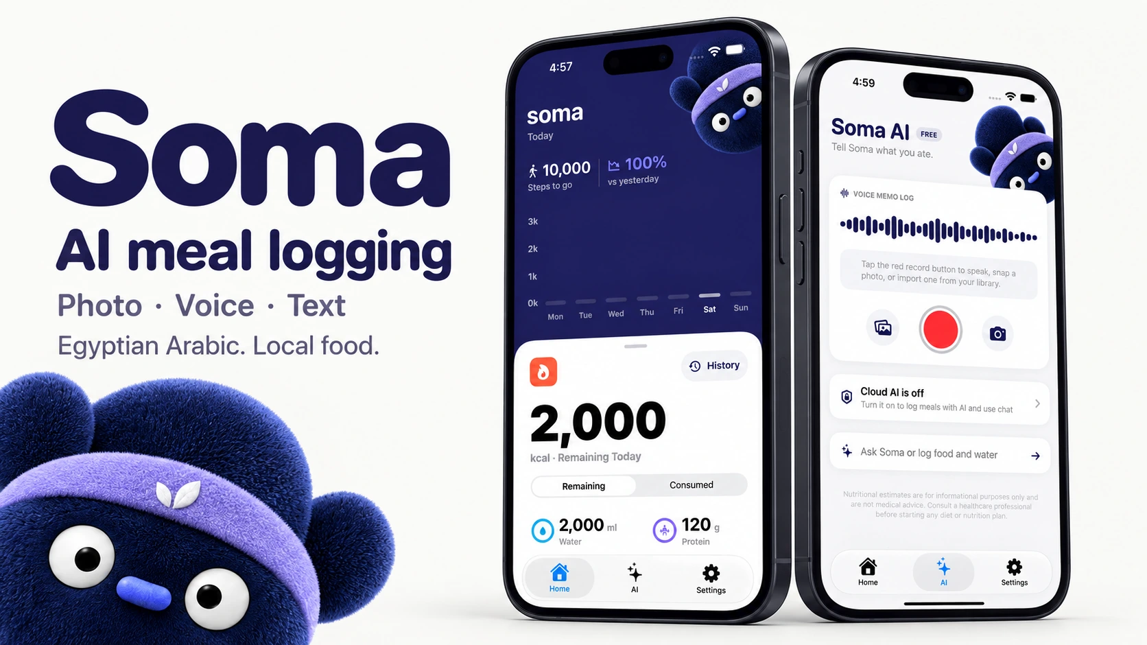 Soma portfolio cover with the navy mascot and iPhones showing the Home and AI meal logging screens